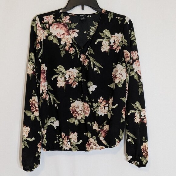 RUE 21 Black/Pink Floral Chiffon Long Sleeve Faux Wrap Top; Size M - Picture 1 of 6